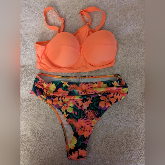 Bikini neon orange top floral bottoms nwt xl shein - Picture 1 of 3